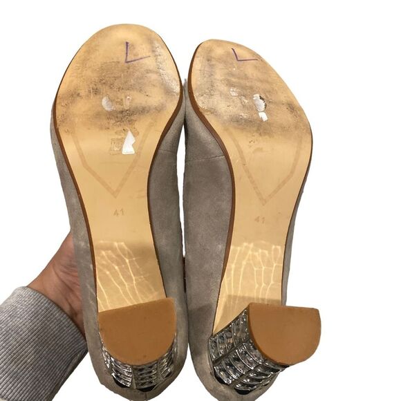 Dune London Bindy Crystal Block Heel Beige Grey Suede Leather Size 10 - Picture 6 of 10